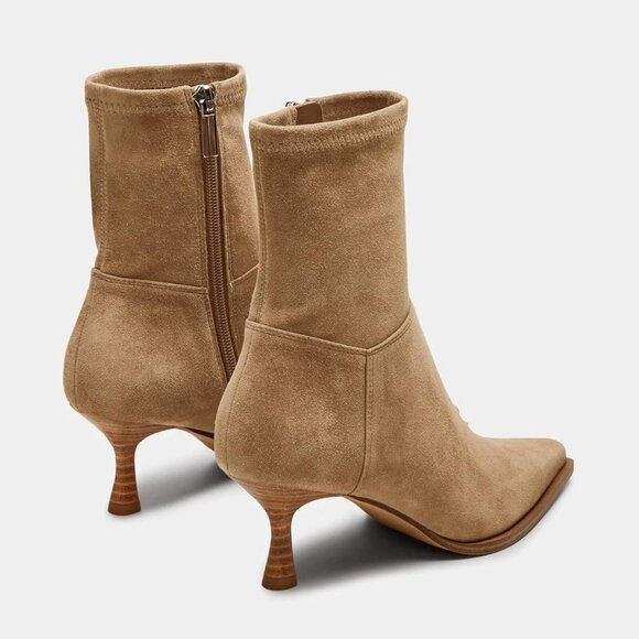Women's Khaki Faux Suede Kitten Heel Ankle Boots with Zipper and Pointed Toe - Picture 4 of 6